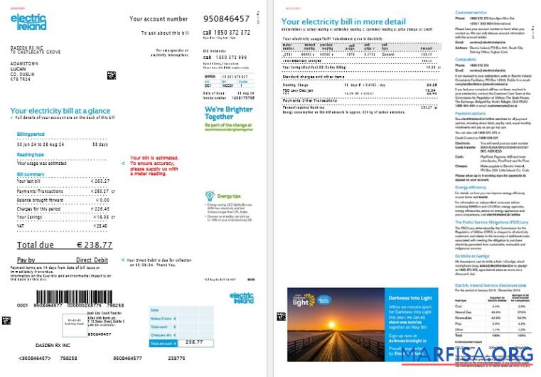 Realistic Ireland Electric Ireland business utility bill template in Word and PDF formats, 2 pages